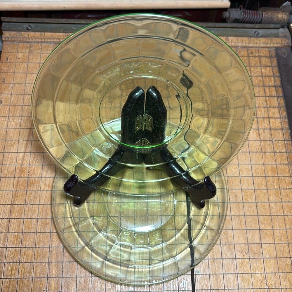 Pair of Vaseline Glass Saucers 6.25”D Bloc Optic Pale Green